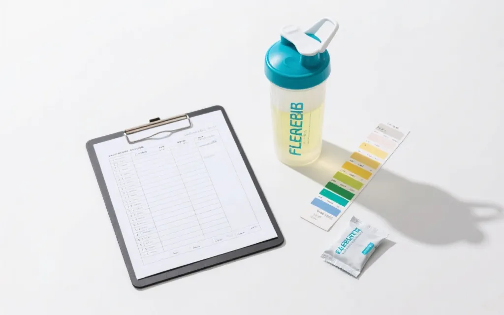 尿液颜色对照卡与运动水杯、电解质粉包的平面构图