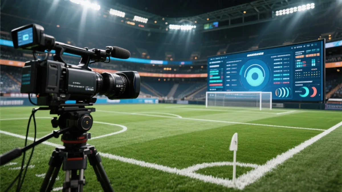 转播镜头与数据分析屏幕叠加的足球画面，象征注意力与产业链