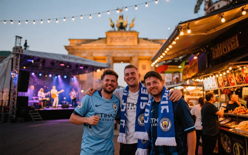 球迷在城市地标前举旗合影，远处大屏直播比赛的嘉年华夜景