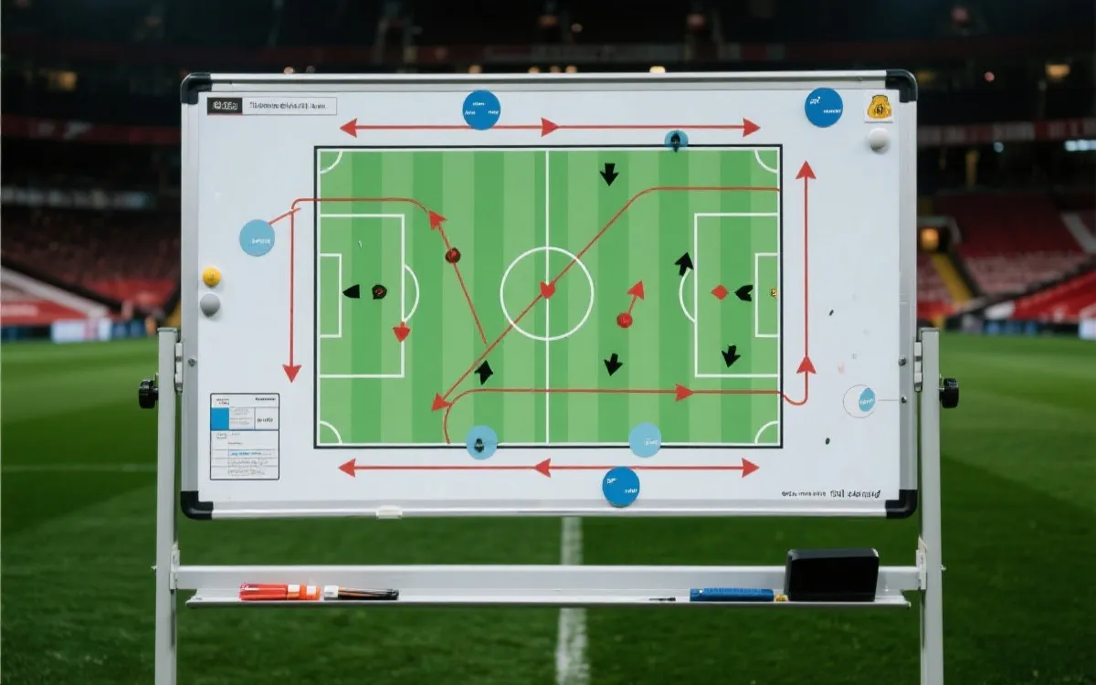 战术分析板与球场示意，体现高位压迫与快速转换