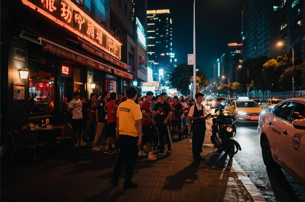 酒吧工作人员在比赛夜协助球迷有序离场的场景